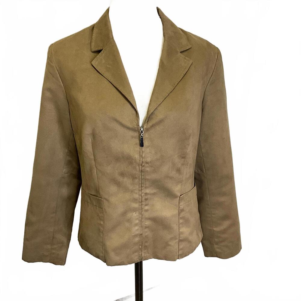 Evan Picone Petite Women's Size 12P Faux Leather Full Zip Light Brown Jacket Top